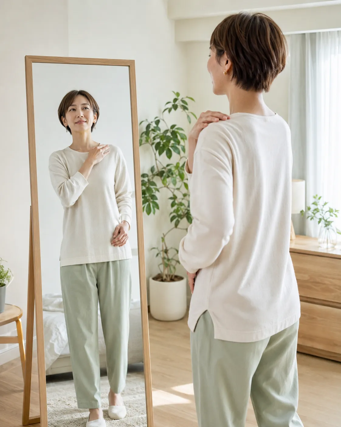 鏡で姿勢を確認する40代女性のイメージ